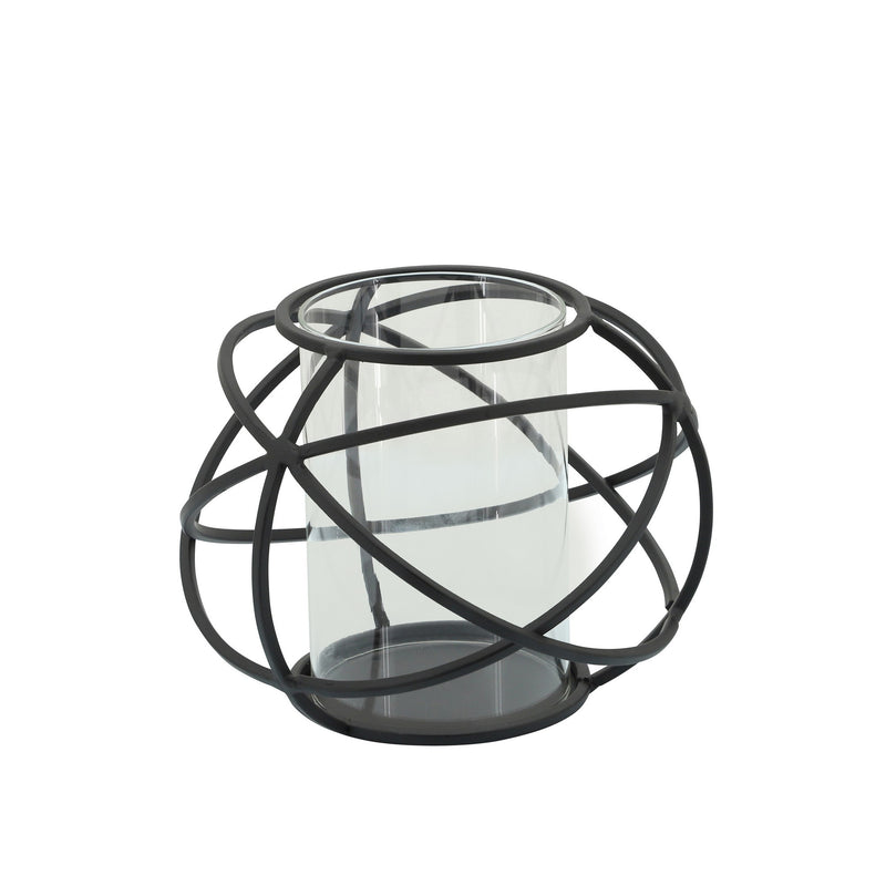 Metal Glass Candle Holders Orb Shaped Intersected Ring Set Of 2 Black-zoom-