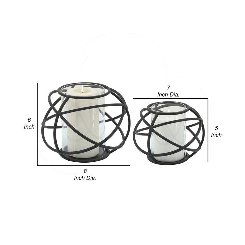 Metal Glass Candle Holders Orb Shaped Intersected Ring Set Of 2 Black-zoom-