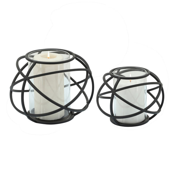 Metal Glass Candle Holders Orb Shaped Intersected Ring Set Of 2 Black