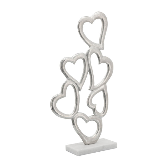24 Inch Metal Table Decor Multiple Heart Design Marble Base Silver