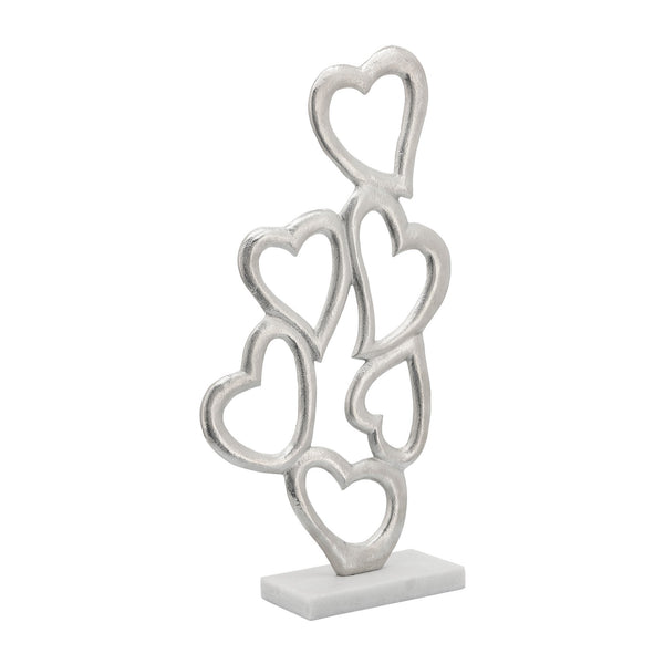 24 Inch Metal Table Decor Multiple Heart Design Marble Base Silver