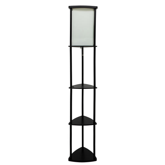 62 Inch Modern Wood Floor Lamp With Corner Etagere 3 Shelves Black Finish