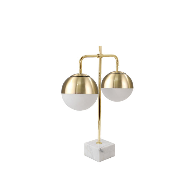 28 Inch Modern Metal Table Lamp Dual Orbs Marble Pedestal White Gold