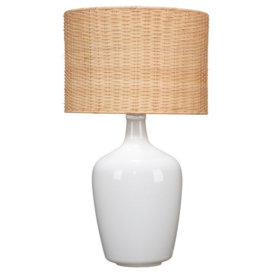 30 Inch Contemporary Glass Plum Jar Table Lamp Rattan Shade White Brown