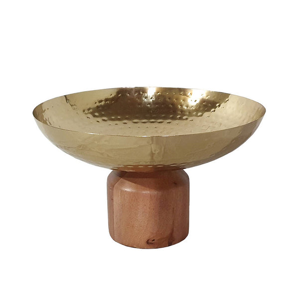 Roe 12 Inch Large Acacia Wood Table Bowl Steel Decorative Gold And Brown