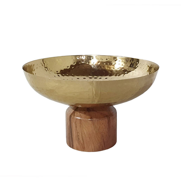 Roe 10 Inch Medium Acacia Wood Table Bowl Steel Decorative Gold Brown