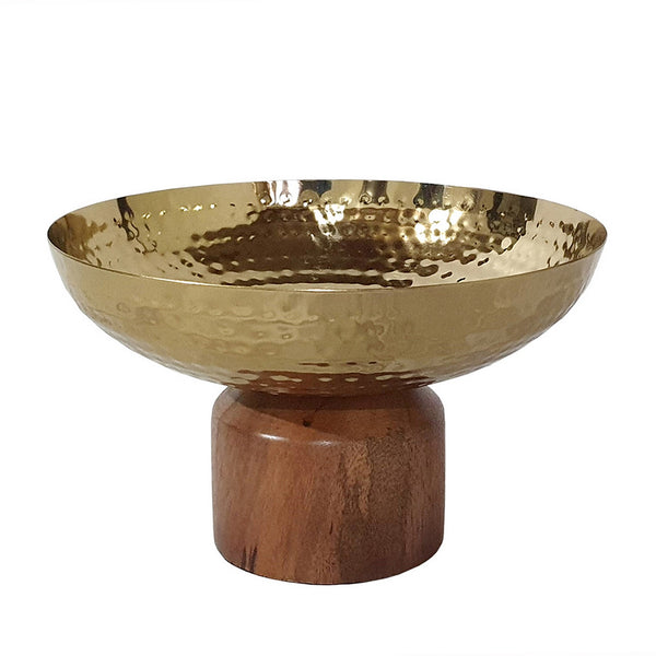 Roe 8 Inch Small Acacia Wood Table Bowl Steel Decorative Gold And Brown