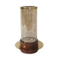 11 Inch Glass Hurricane Candle Holder Acacia Wood Small Gold Finish