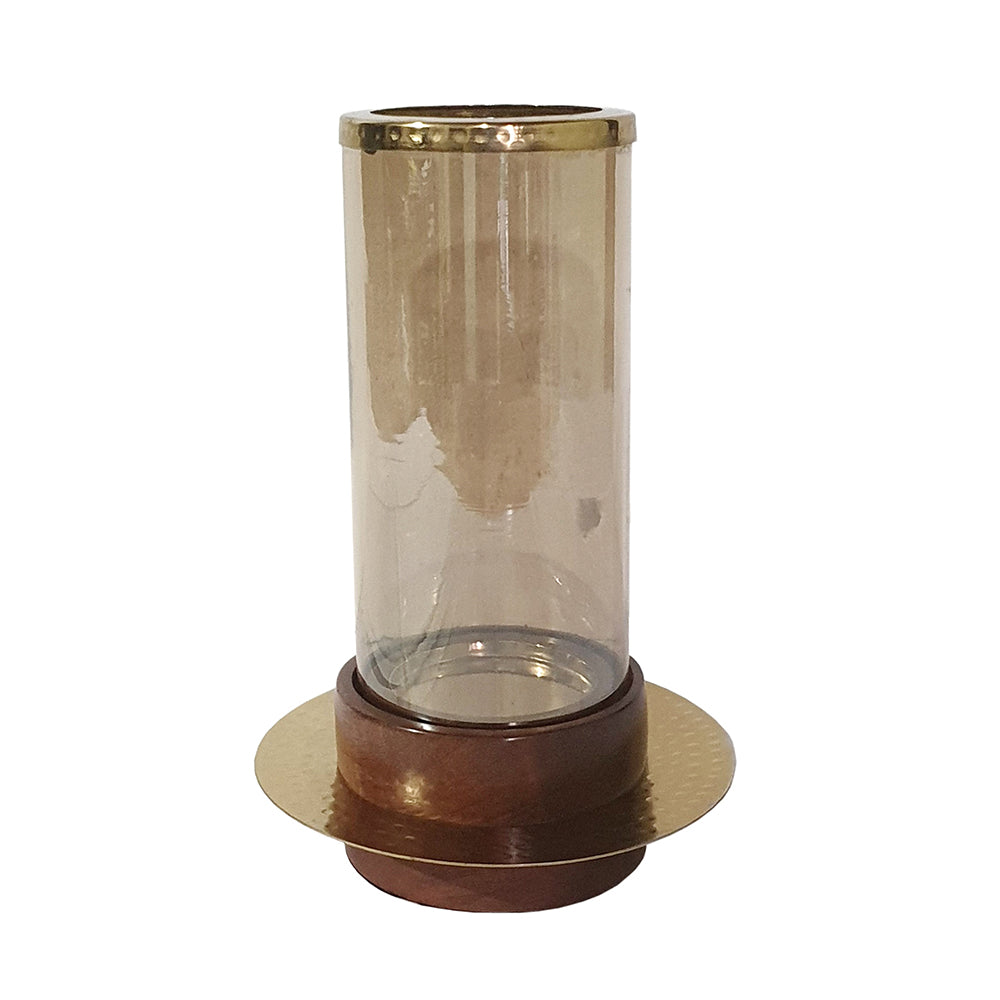11 Inch Glass Hurricane Candle Holder Acacia Wood Small Gold Finish