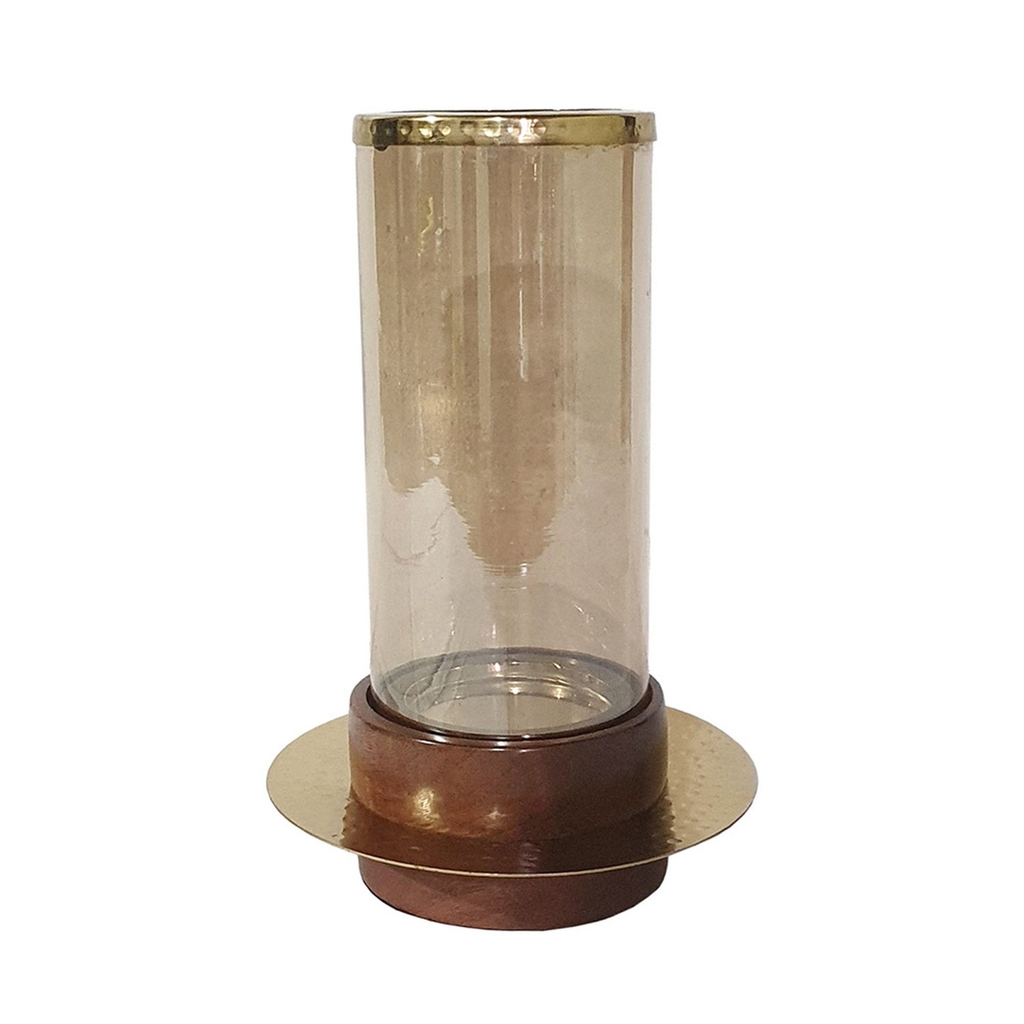11 Inch Glass Hurricane Candle Holder Acacia Wood Small Gold Finish