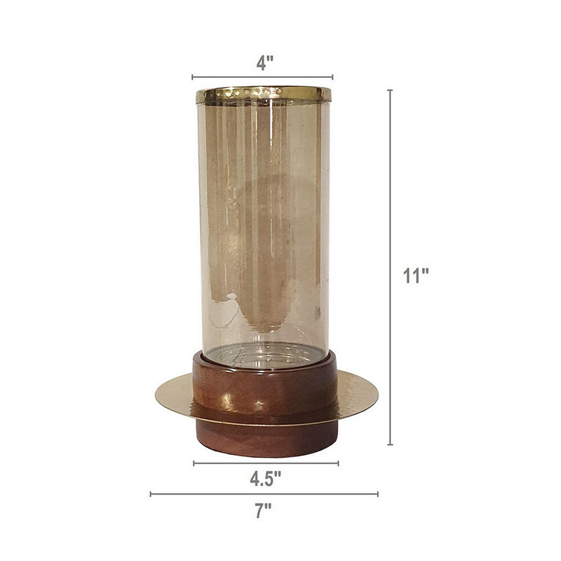 11 Inch Glass Hurricane Candle Holder Acacia Wood Small Gold Finish-zoom-