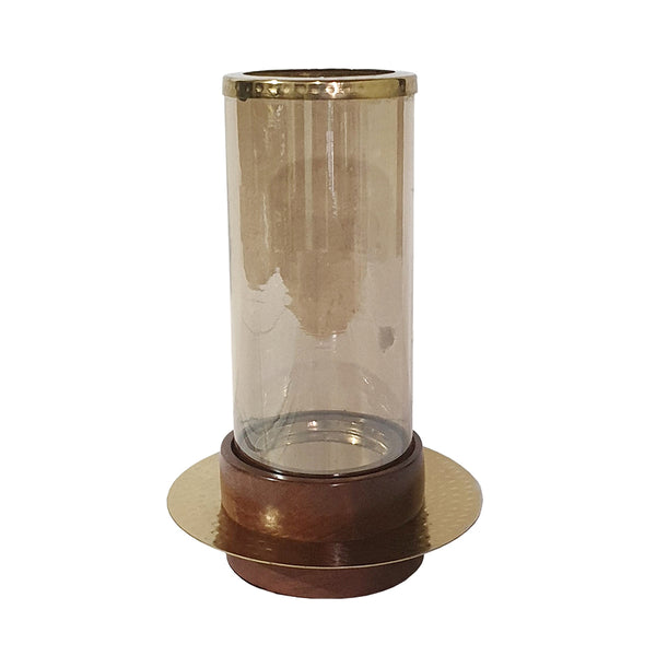 11 Inch Glass Hurricane Candle Holder Acacia Wood Small Gold Finish