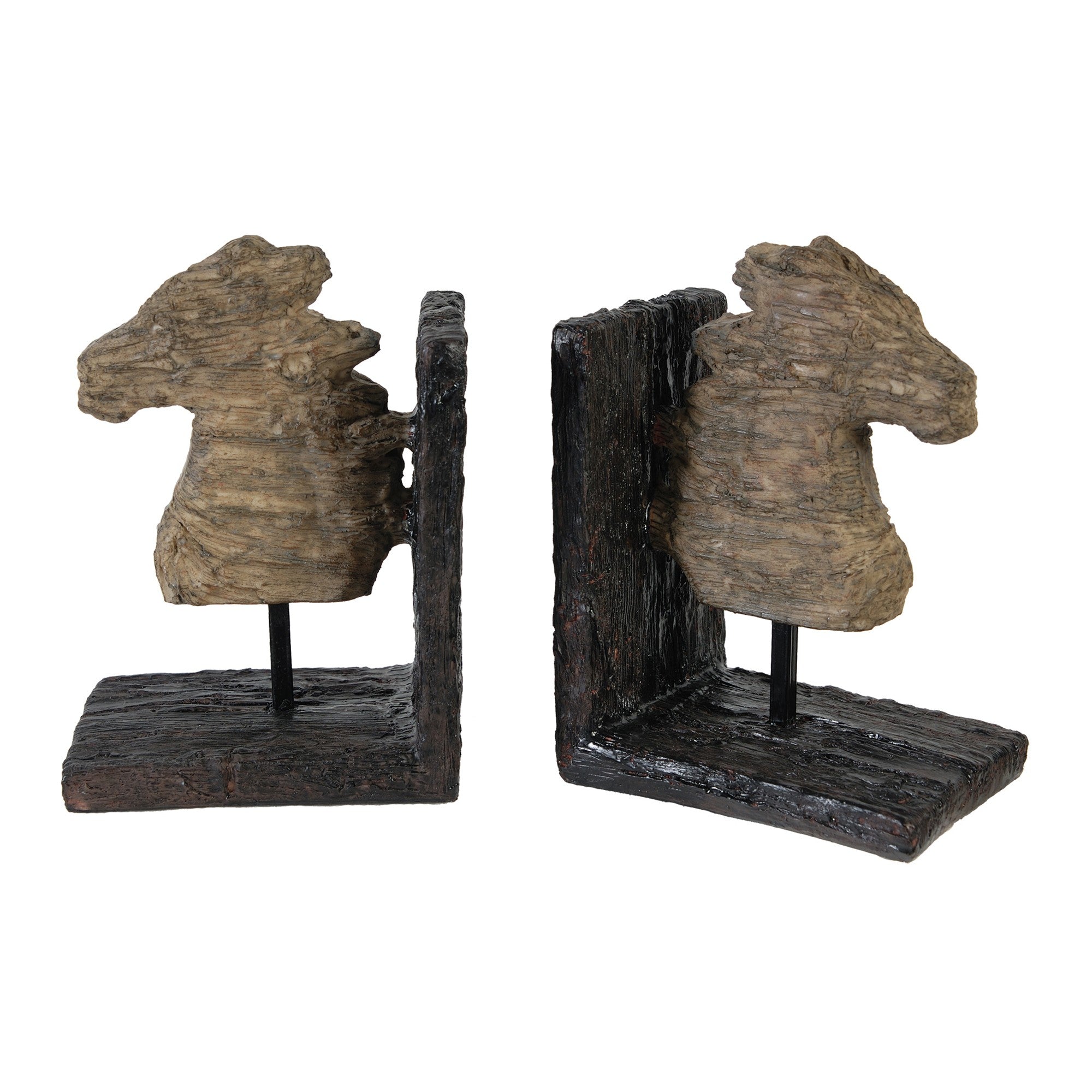 Ari Set of 2 Classic Bookends, Horse Bust, Polyresin, Metal, Brown, Black-zoom-1