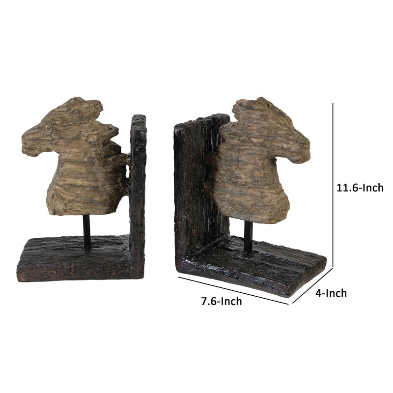 Ari Set of 2 Classic Bookends, Horse Bust, Polyresin, Metal, Brown, Black-zoom-