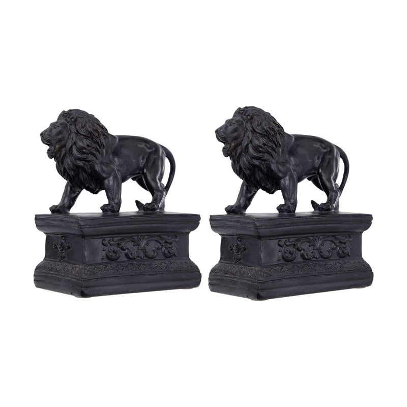 Ari Set of 2 Classic Bookends, Lion Statuette Figurines, Glossy Black Resin-zoom-