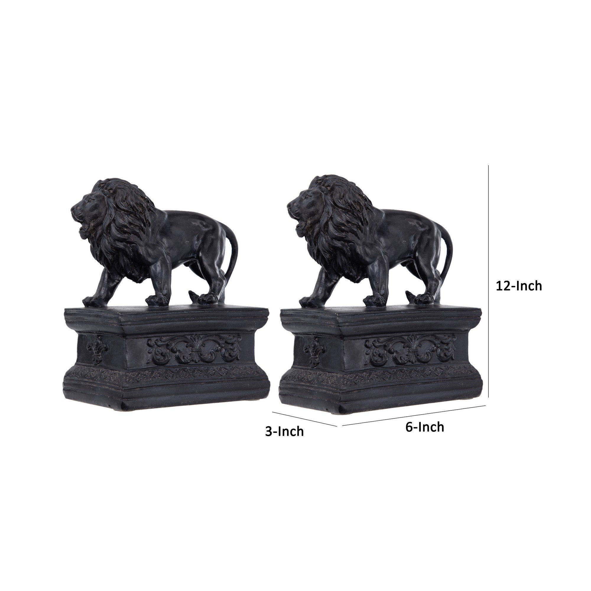 Ari Set of 2 Classic Bookends, Lion Statuette Figurines, Glossy Black Resin-zoom-5