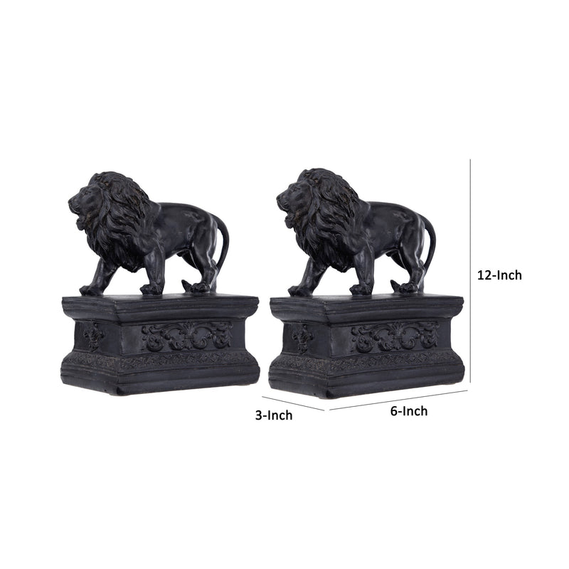 Ari Set of 2 Classic Bookends, Lion Statuette Figurines, Glossy Black Resin-zoom-