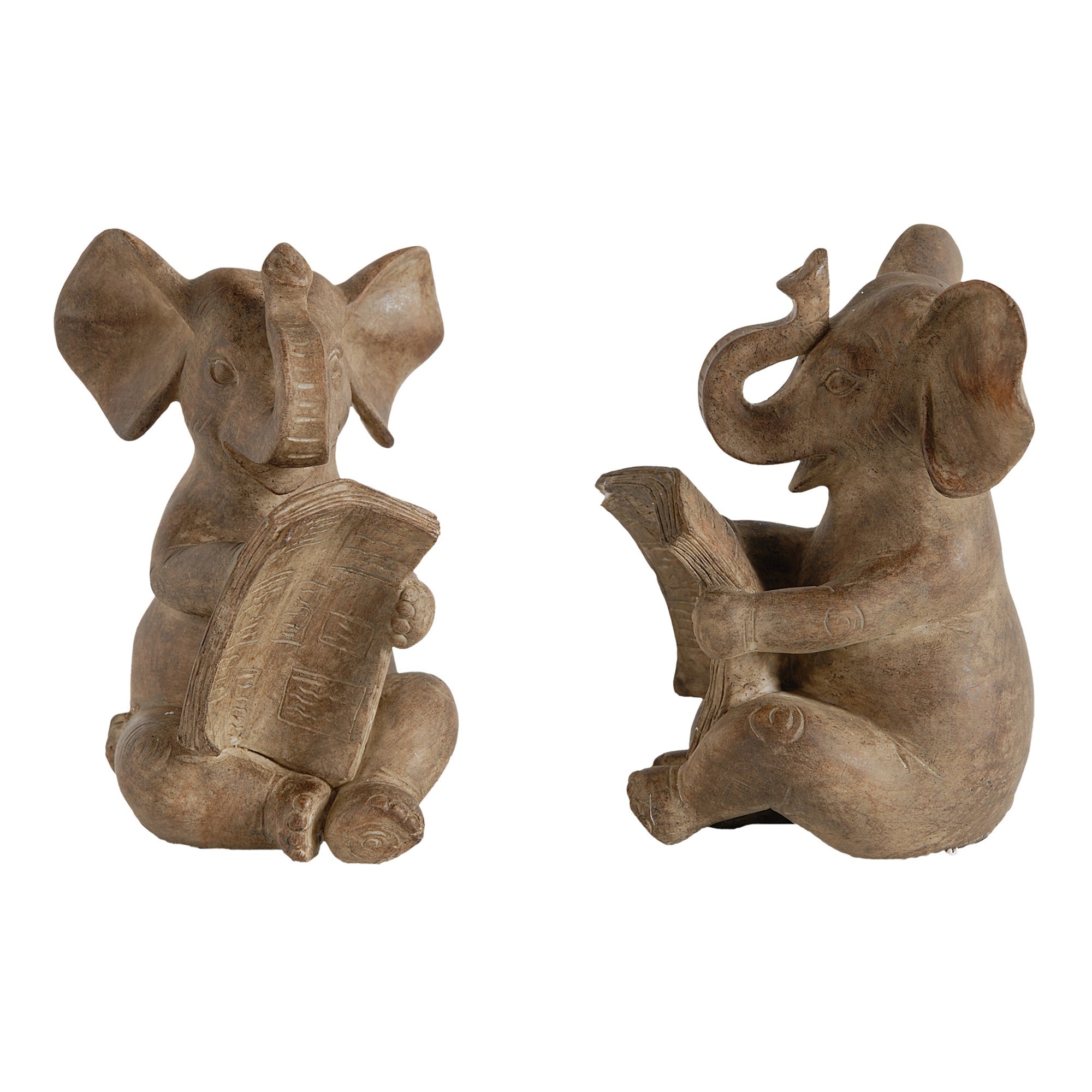 Ari Set of 2 Bookends, Reading Elephant Statuettes, Classic, Brown Resin-zoom-1