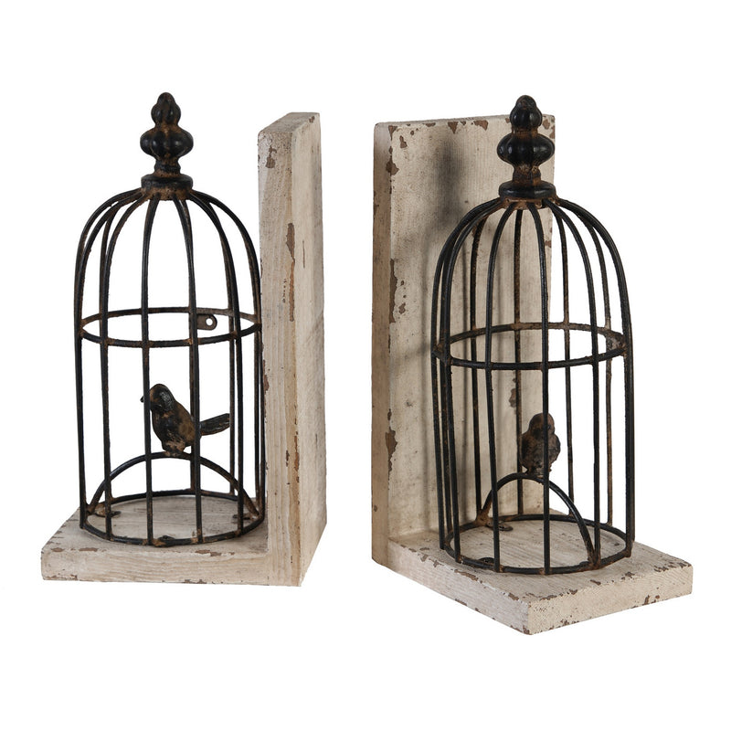 Ari Set of 2 Classic Bookends, Birdcage, Iron and Fir Wood, Black, Brown-zoom-