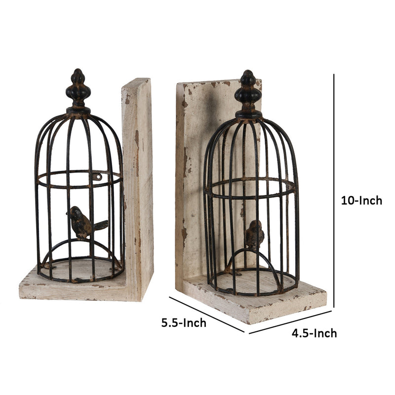 Ari Set of 2 Classic Bookends, Birdcage, Iron and Fir Wood, Black, Brown-zoom-