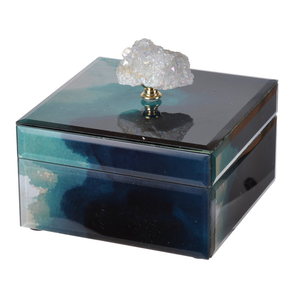 Eve 6 Inch Decorative Accessory Box Elegant Stone With Finial Accent Blue