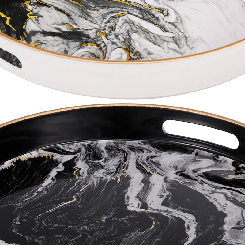 Round Accent Trays Tabletop Decor Marbling Black White Gold Set Of 2-zoom-