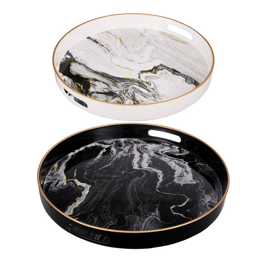 Round Accent Trays Tabletop Decor Marbling Black White Gold Set Of 2