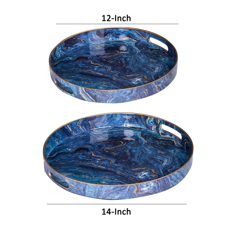 Round Accent Trays Tabletop Decor Marbling Blue Gold Marbling Set Of 2-zoom-