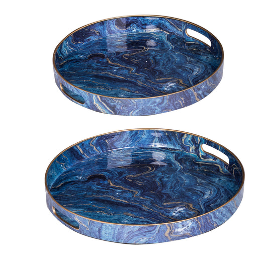 Round Accent Trays Tabletop Decor Marbling Blue Gold Marbling Set Of 2
