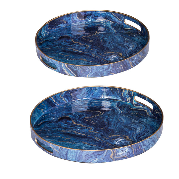Round Accent Trays Tabletop Decor Marbling Blue Gold Marbling Set Of 2