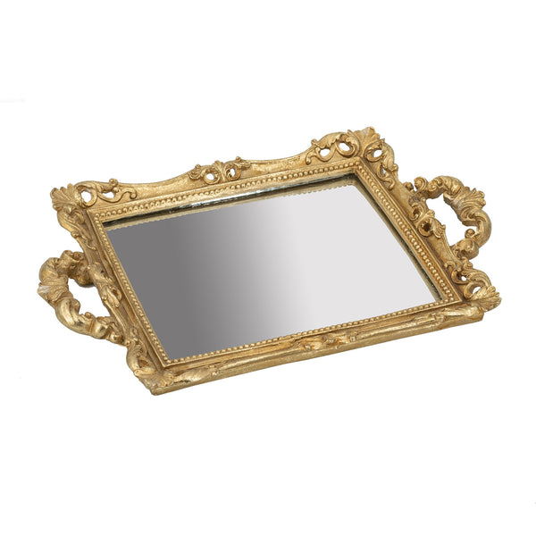 16 Inch Serving Tray Decorative Mirrored Bottom Carved Gold Frame