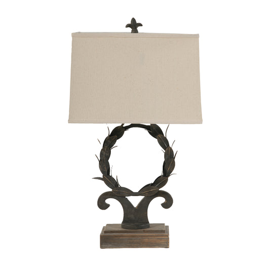 26 Inch Artisanal Table Lamp Laurel Wreath Iron Frame Off White Black