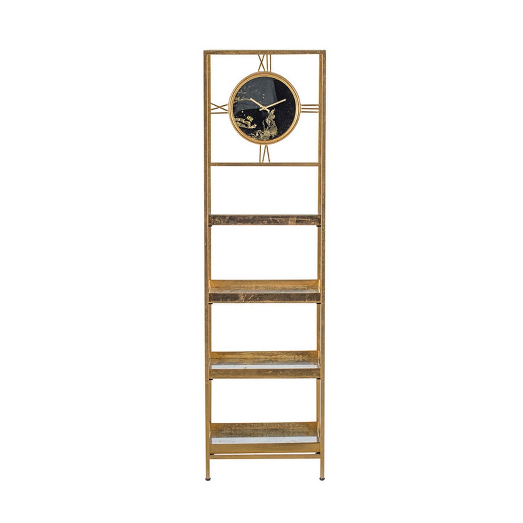 Jael 68 Inch Shelf With Clock 4 Mirrored Tray Shelves Iron Frame Gold-zoom-2