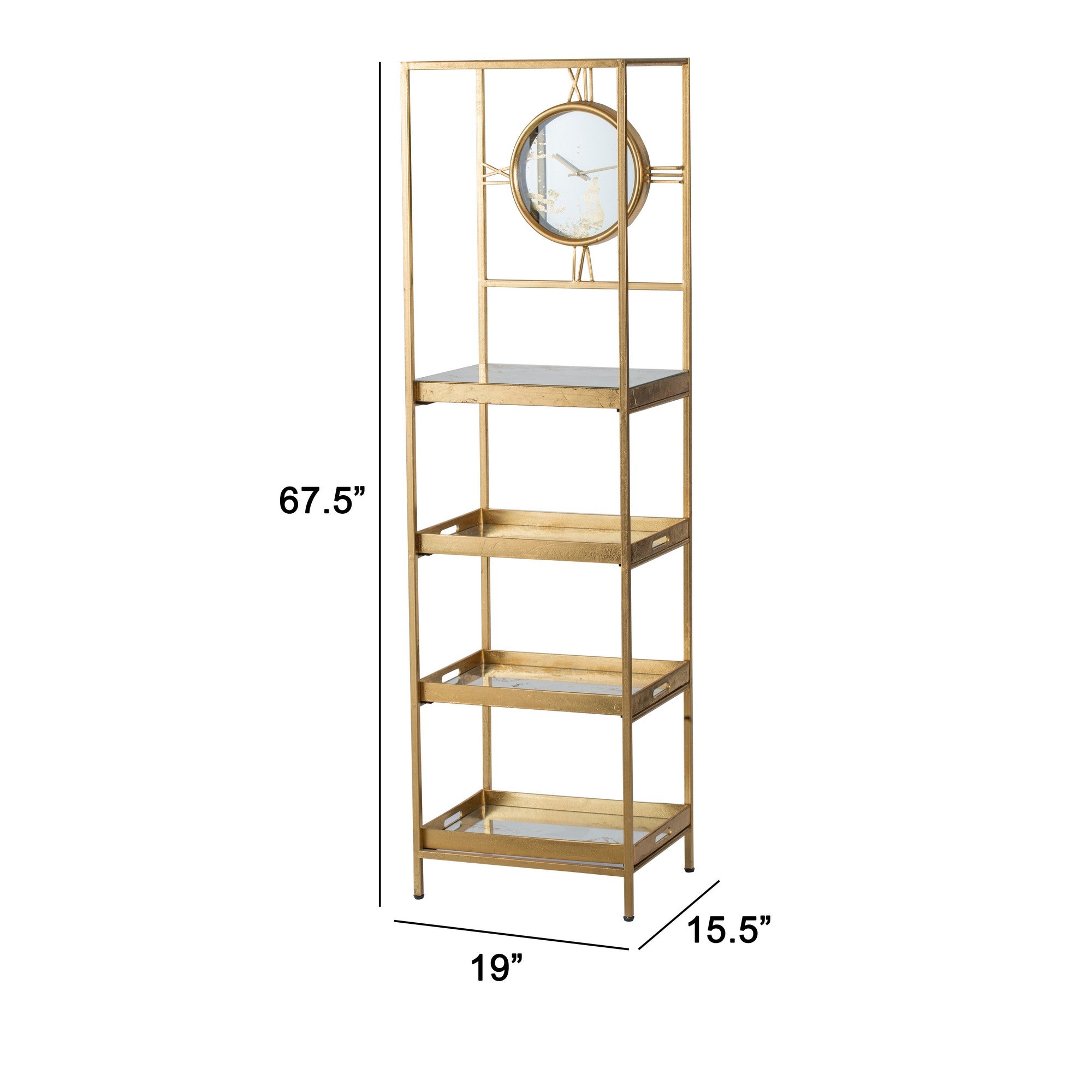 Jael 68 Inch Shelf With Clock 4 Mirrored Tray Shelves Iron Frame Gold-zoom-5