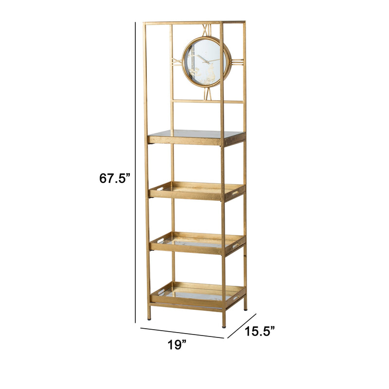 Jael 68 Inch Shelf With Clock 4 Mirrored Tray Shelves Iron Frame Gold-zoom-