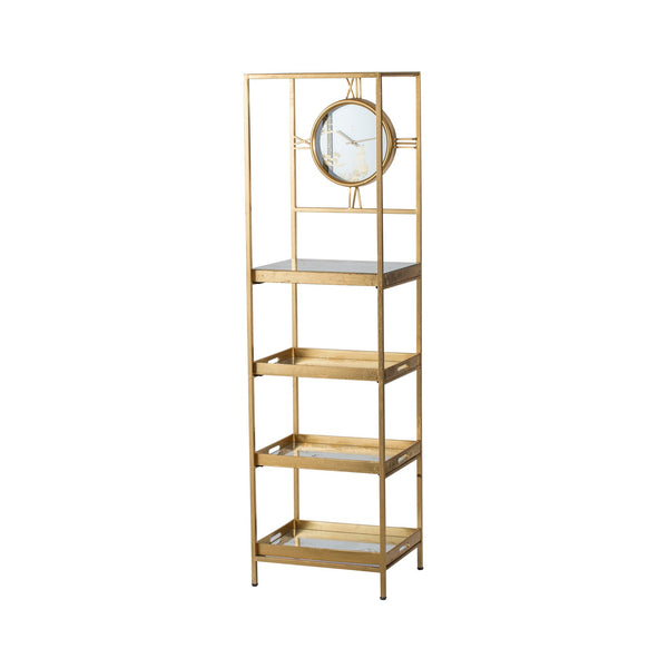 Jael 68 Inch Shelf With Clock 4 Mirrored Tray Shelves Iron Frame Gold