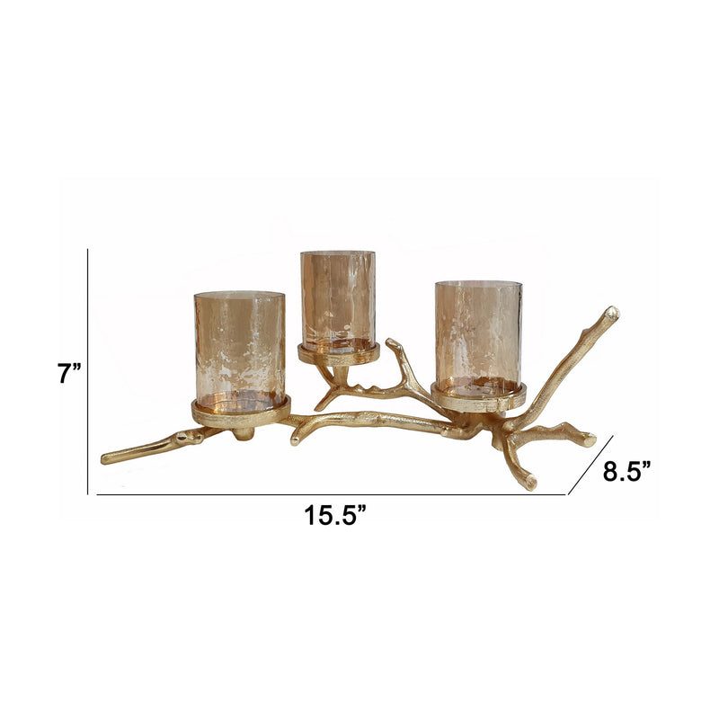 16 Inch 3 Pillar Candle Holder Aluminum Accented Frosted Glass Gold-zoom-