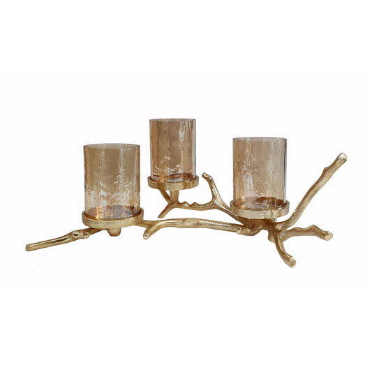16 Inch 3 Pillar Candle Holder Aluminum Accented Frosted Glass Gold