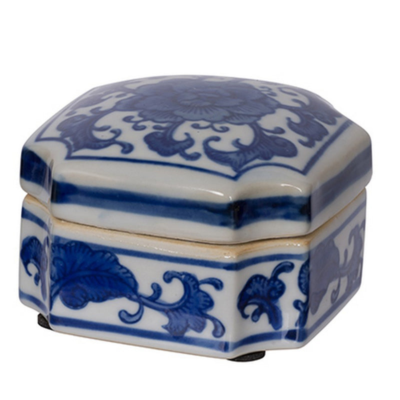 Set of 3 Decorative Boxes White and Blue Porcelain Pottery Floral Designs-zoom-