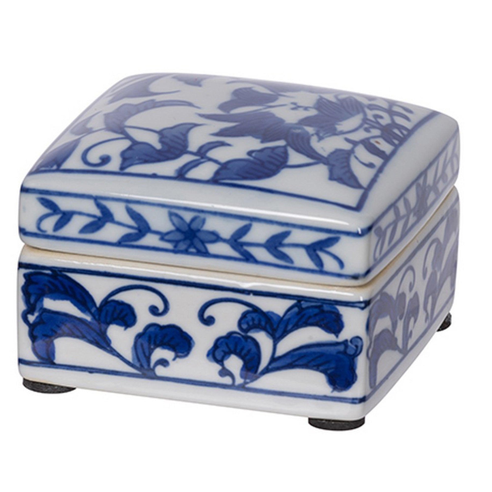 Set of 3 Decorative Boxes White and Blue Porcelain Pottery Floral Designs-zoom-4