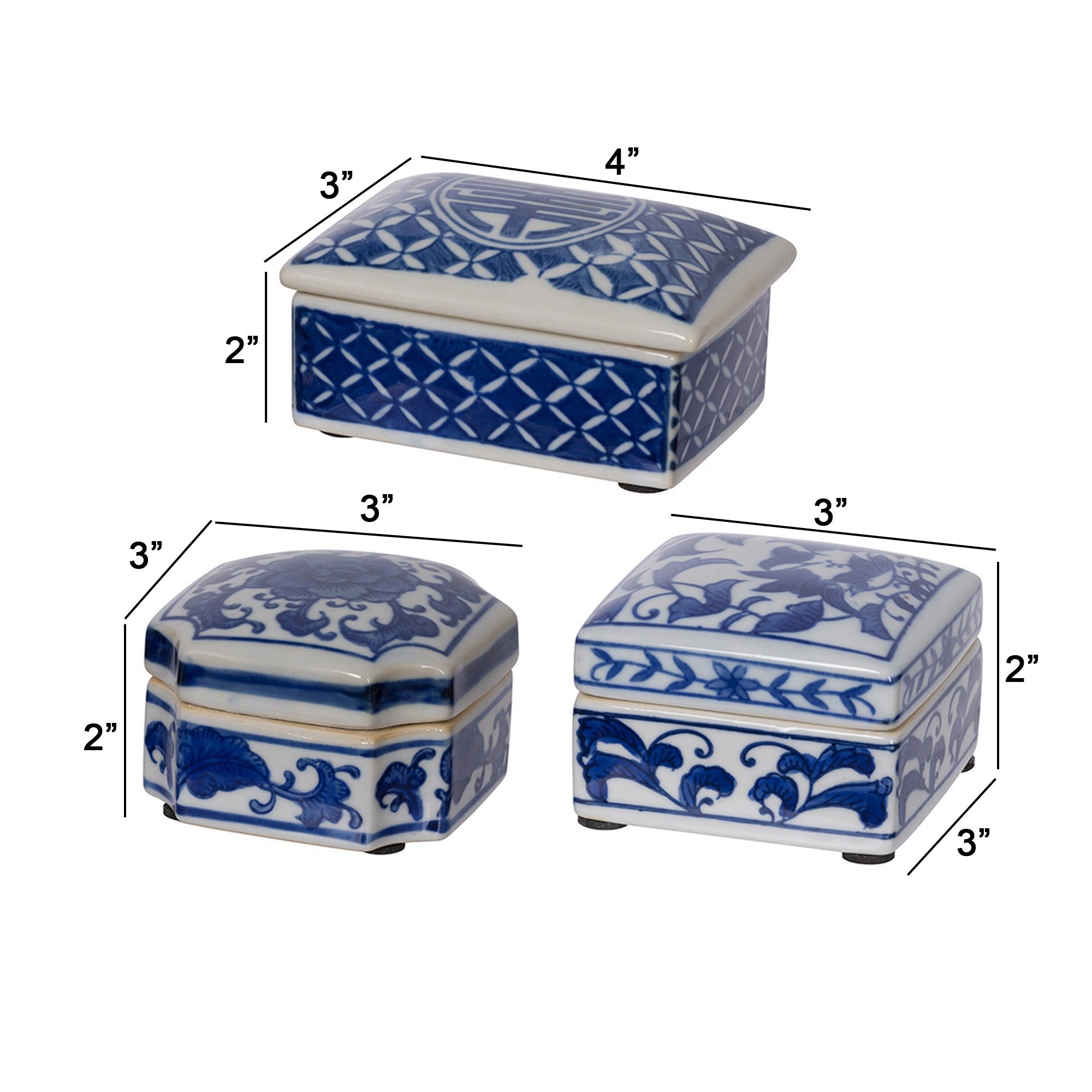 Set of 3 Decorative Boxes White and Blue Porcelain Pottery Floral Designs-zoom-5