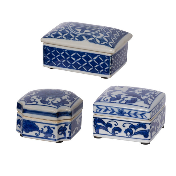 Set of 3 Decorative Boxes White and Blue Porcelain Pottery Floral Designs