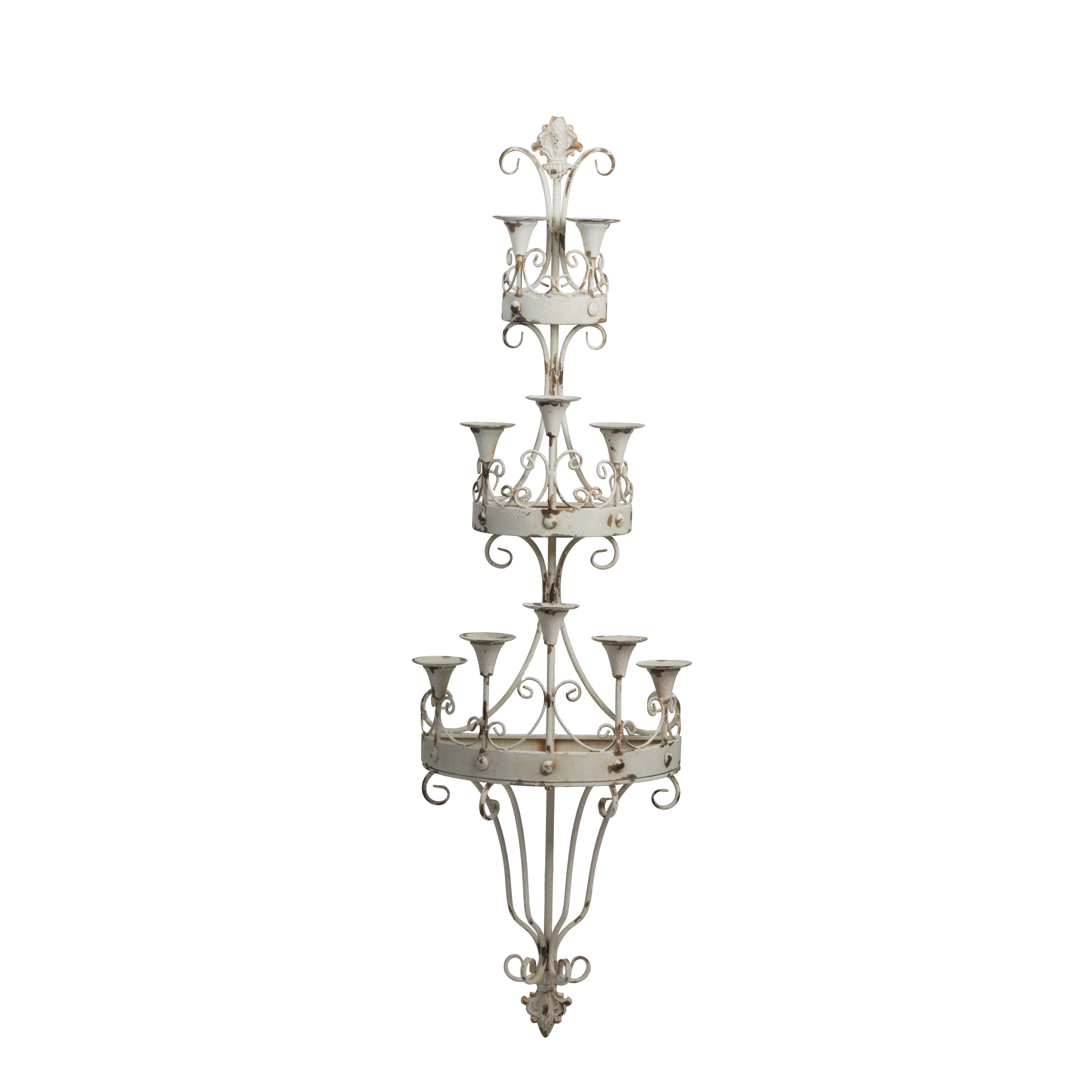 16 Inch Wall Mount Candle Holder Ornately Scrolled White Metal Finish