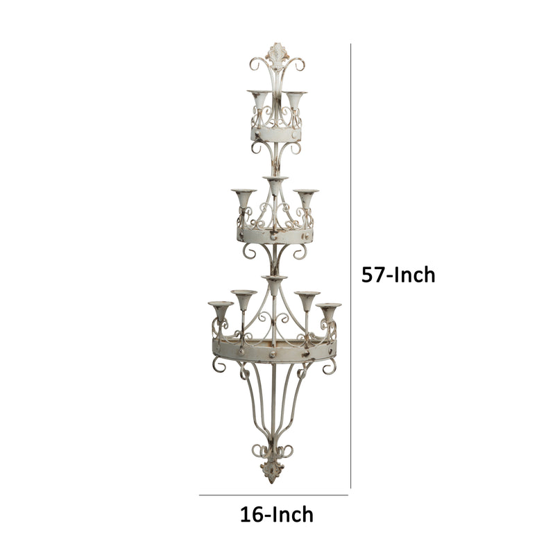 16 Inch Wall Mount Candle Holder Ornately Scrolled White Metal Finish-zoom-