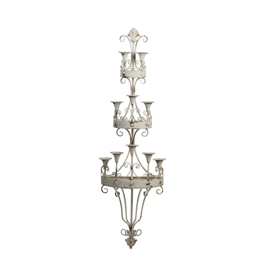 16 Inch Wall Mount Candle Holder Ornately Scrolled White Metal Finish