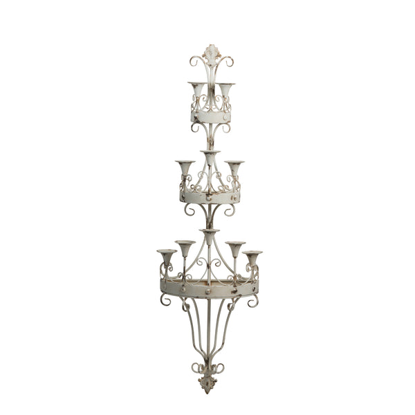 16 Inch Wall Mount Candle Holder Ornately Scrolled White Metal Finish