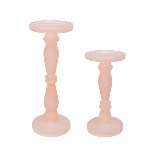 Qui 14 11 Inch Candle Holders Rose Pink Turned Pedestal Glass Set Of 2