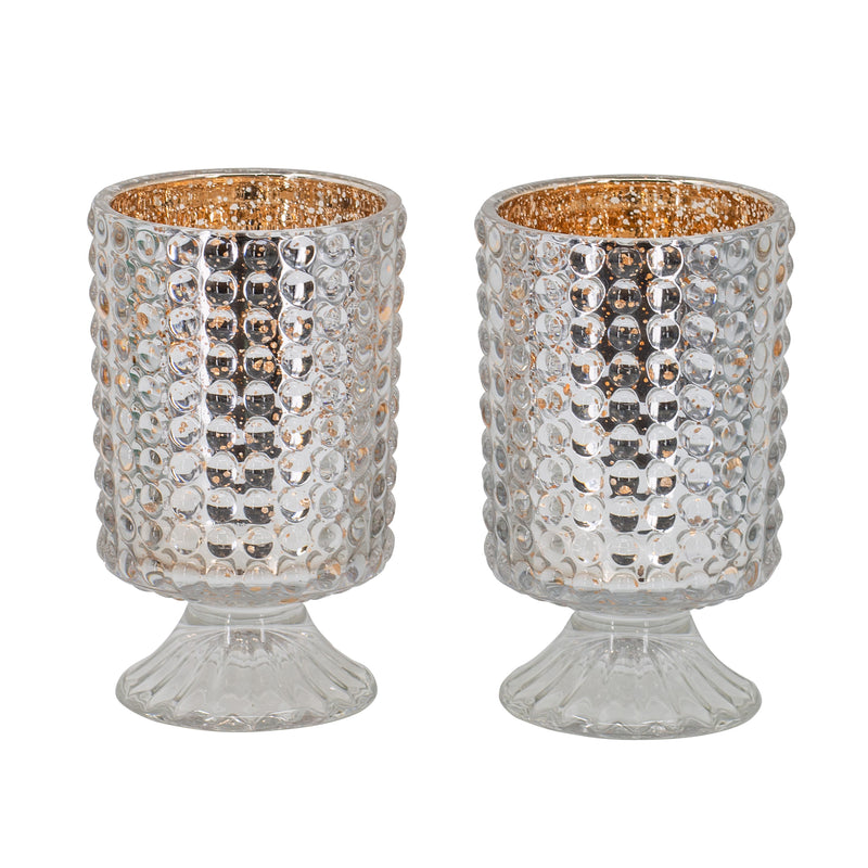 6 Inch Glass Candle Holder Cylindrical Hobnail Texture Set Of 2 Silver-zoom-