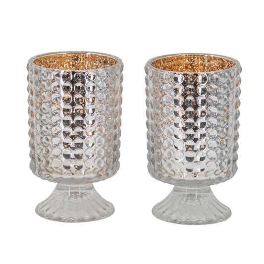 6 Inch Glass Candle Holder Cylindrical Hobnail Texture Set Of 2 Silver