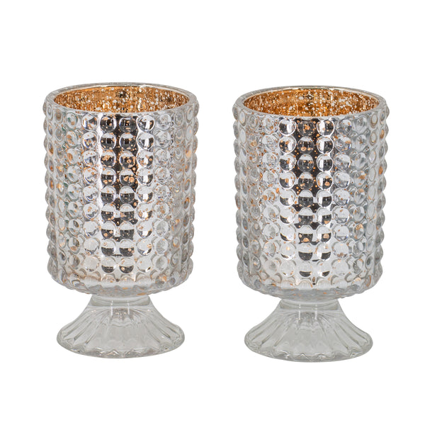 6 Inch Glass Candle Holder Cylindrical Hobnail Texture Set Of 2 Silver